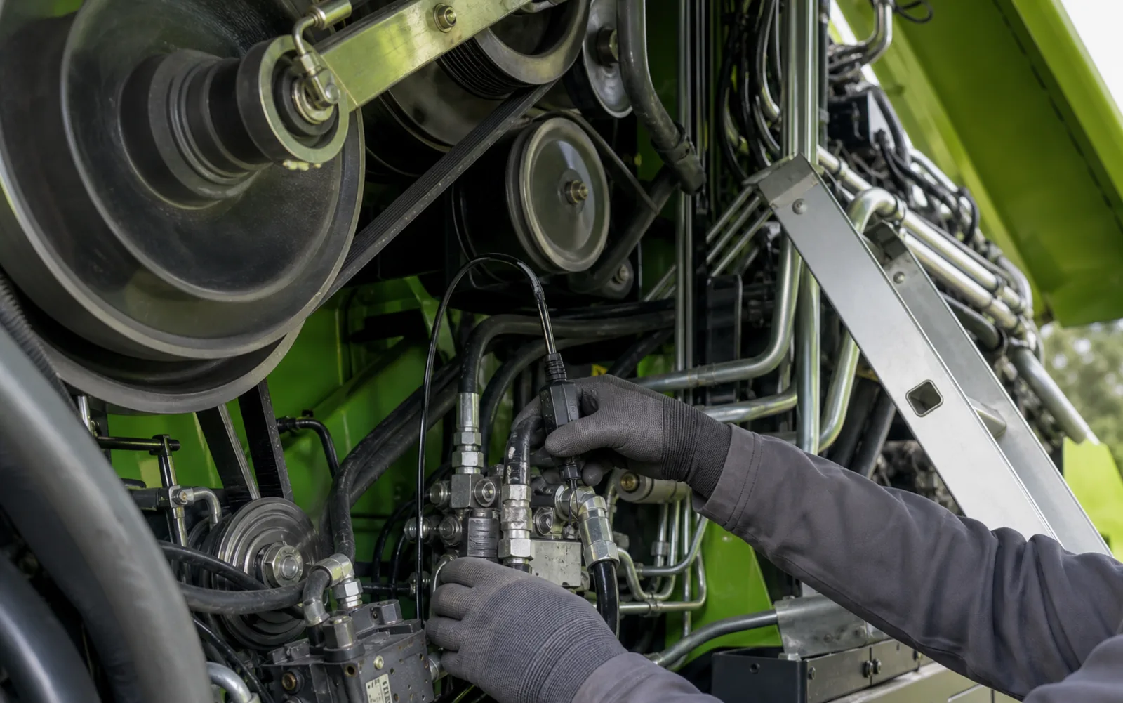 Hände prüfen Hydraulikanschlüsse in einer Landmaschine