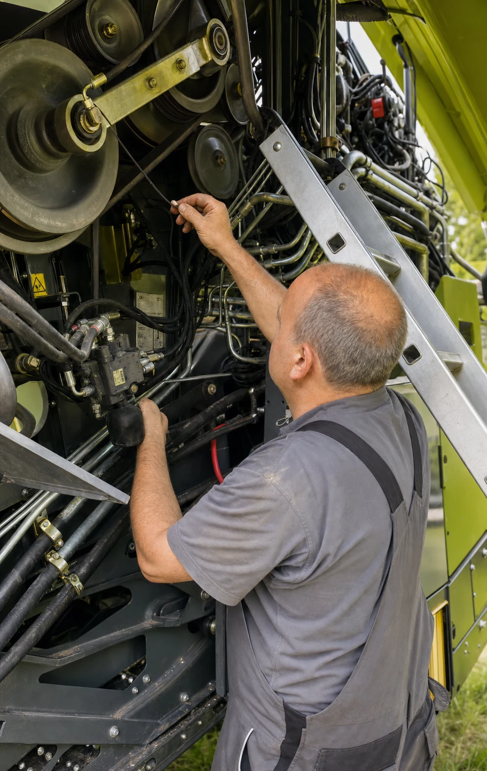 Mechaniker repariert die Hydraulik und Antriebstechnik einer Landmaschine